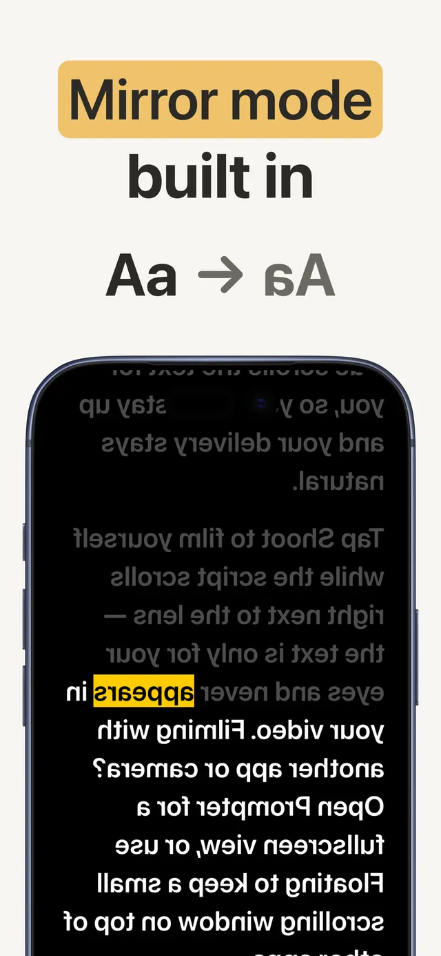 Mirror mode — flipped text for teleprompter rigs