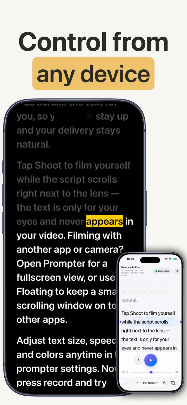Remote control — play, pause and set speed from any device
