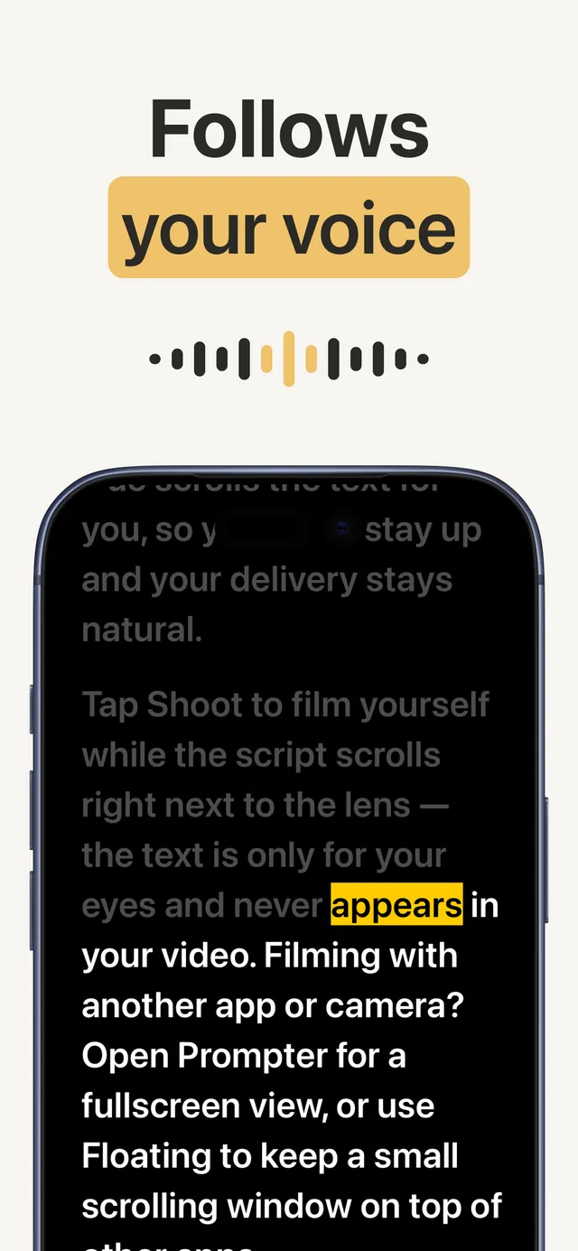 Voice follow — the script scrolls as you speak and waits when you stop